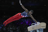United States' Khoi Young competes on the pommel horse during the apparatus finals at the Artistic Gymnastics World Championships in Antwerp, Belgium, Saturday, Oct. 7, 2023. (AP Photo/Geert vanden Wijngaert)