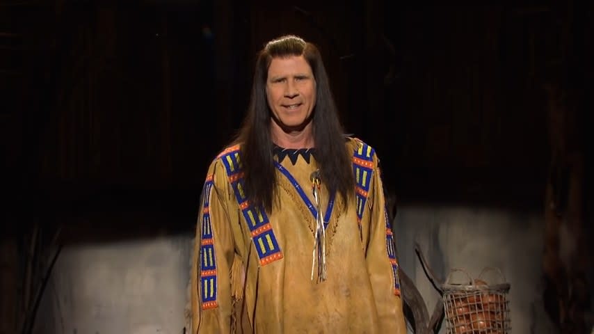 Will Ferrell dressed as Pocahontas's grandfather, smiling at the camera, in "Saturday Night Live"