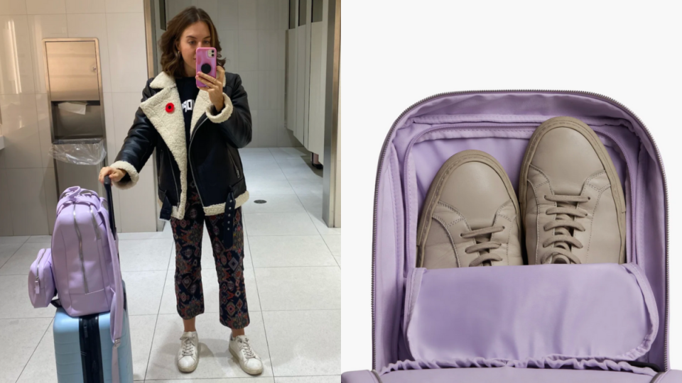 girl with purple monos backpack and blue away suitcase, Monos' Metro Backpack is my everyday essential for work and travel (photos via Kayla Kuefler & Monos).