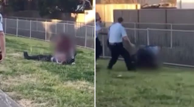 The woman was seen pinning the boy to the ground (left). She was then grabbed by a police officer and taken away from the boy (right). Photos: 7 News.