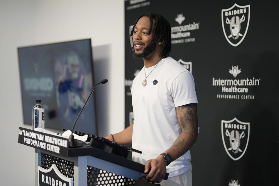 Las Vegas Raiders wide receiver Jakobi Meyers takes questions from reporters at an NFL football news conference Thursday, March 16, 2023, in Henderson, Nev. (AP Photo/John Locher)