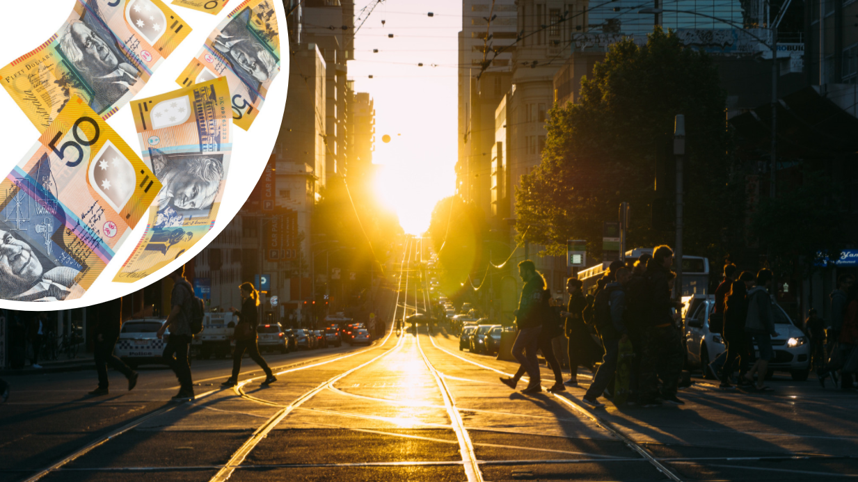 Pictured: Australian pedestrians, Australian cash. Taxpayer concept. Images: Getty