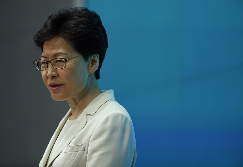 Hong Kong Chief Executive Carrie Lam speaks during a press conference at the Legislative Council in Hong Kong, Tuesday, June 18, 2019. Hong Kong leader apologizes for her handling of unpopular extradition bill, says the city needs hope. (AP Photo/Vincent Yu)