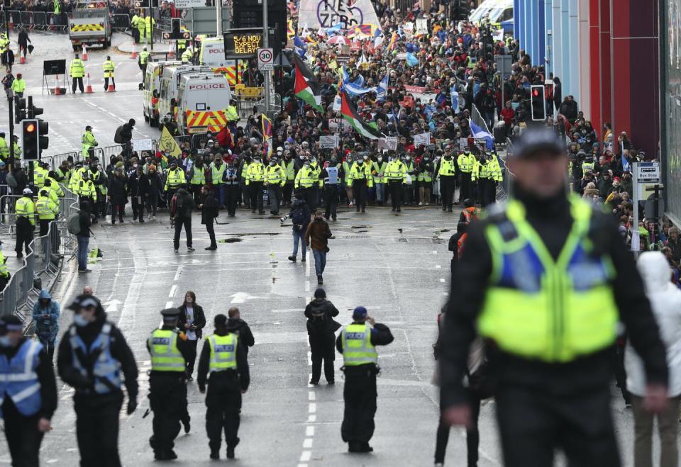 <span class="caption">Climate marches, like this one in Glasgow during the COP26 climate conference in November 2021, can help people move from worry to action. </span> <span class="attribution"><span class="source">AP Photo/Scott Heppell) </span></span>