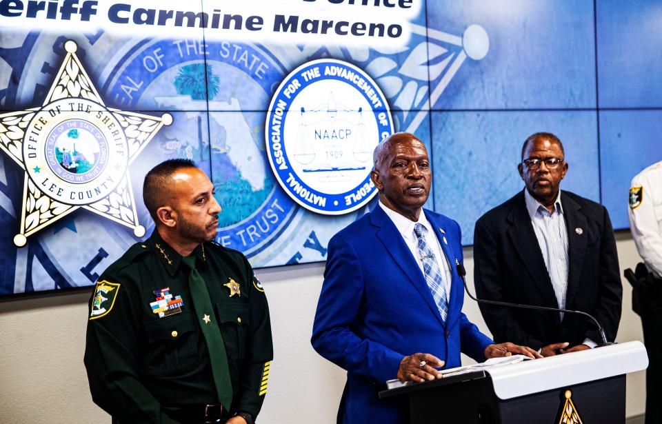 NAACP President James Muwakkil addresses the media on a case involving an in-custody death that occurred last week at the Lee County Jail.  Lee County Sheriff Carmine Marceno called the press conference to update media on the death. 