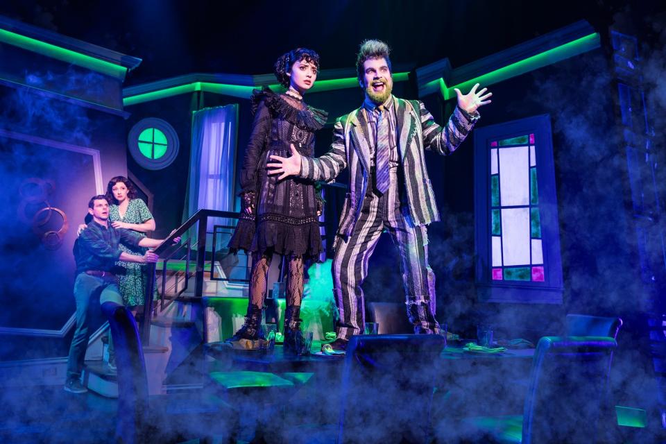 From left, Will Burton stars as Adam, Megan McGinnis as Barbara, Isabella Esler as Lydia and Justin Collette as Beetlejuice in "Beetlejuice The Musical."