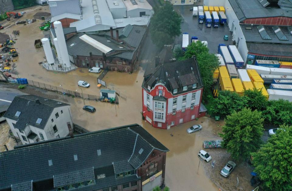 An aerial view shows the flooded center of the city of Hagen, western Germany flooding. 