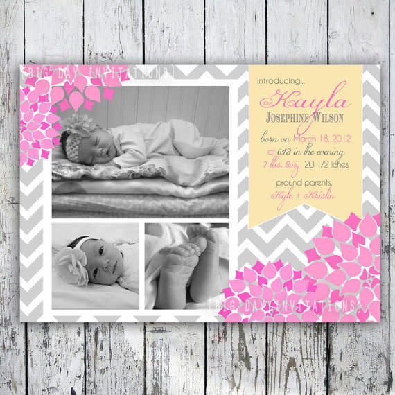 (Etsy/<a href="http://www.etsy.com/listing/96319340/baby-girl-birth-announcement-chevron-and?ref=sr_gallery_25&ga_search_query=baby+girl&ga_order=most_relevant&ga_view_type=gallery&ga_ship_to=ZZ&ga_page=3&ga_search_type=handmade">BigDayInvitations</a>, $12.49)