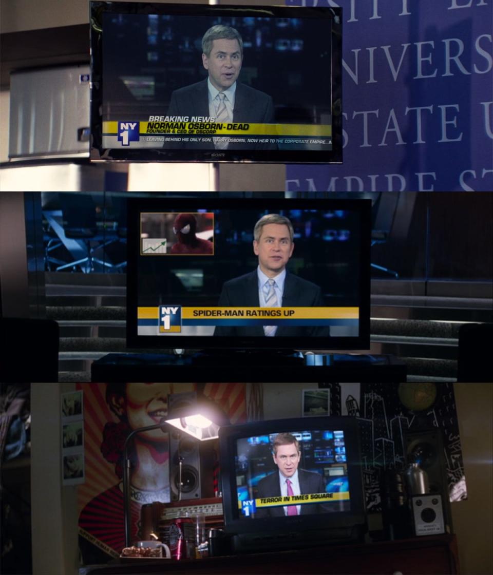 A news anchor seen on three TVs in "The Amazing Spider-Man 2."