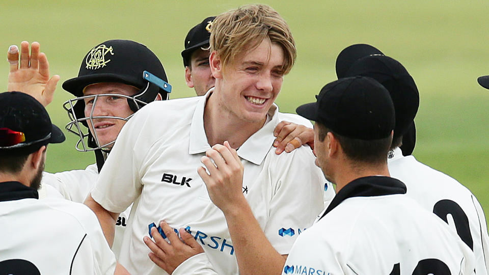 PERTH, AUSTRALIA - OCTOBER 11:  Cameron Green of the Warriors celebrates the wicket of Alex Doolan of the Tigers during day two of the Sheffield Shield match between Western Australia and Tasmania at WACA on October 11, 2019 in Perth, Australia. (Photo by Will Russell/Getty Images)