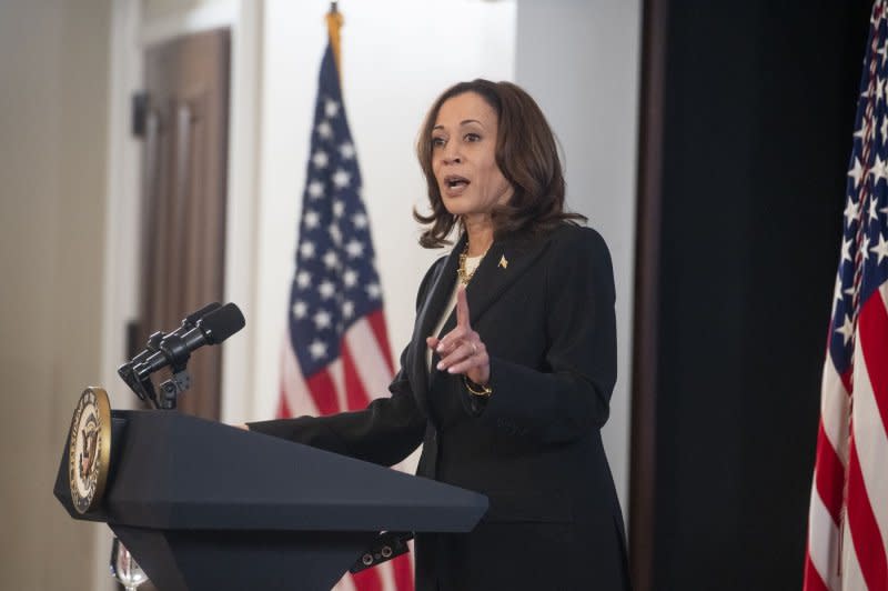 Vice President Kamala Harris talks about sexual violence during an event in the Eisenhower Executive Office Building in Washington on Monday. Photo by Rod Lamkey /UPI