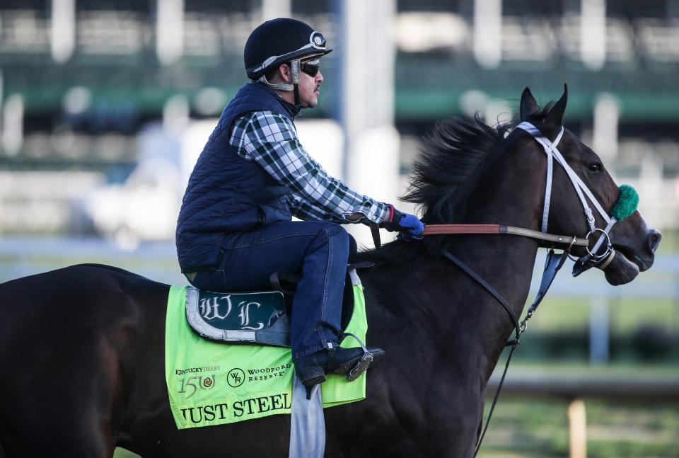Kentucky Derby contender Just Steel on the track for a workout Thursday morning at Churchill Downs April 25, 2024 in Louisville, Ky. Trainer for Just Steel is D. Wayne Lukas. It's Lukas' first Derby since 2018. He's won four Kentucky Derbys, six Preakness Stakes and four Belmont Stakes.