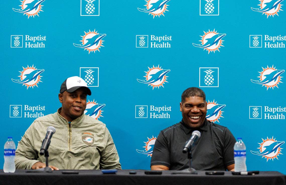 Miami Dolphins general manager Chris Grier and Dolphins assistant general manager Marvin Allen speak during team pre-draft press conference at Baptist Health Training Complex in Hard Rock Stadium on Wednesday, April 19, 2023 in Miami Gardens, Florida.