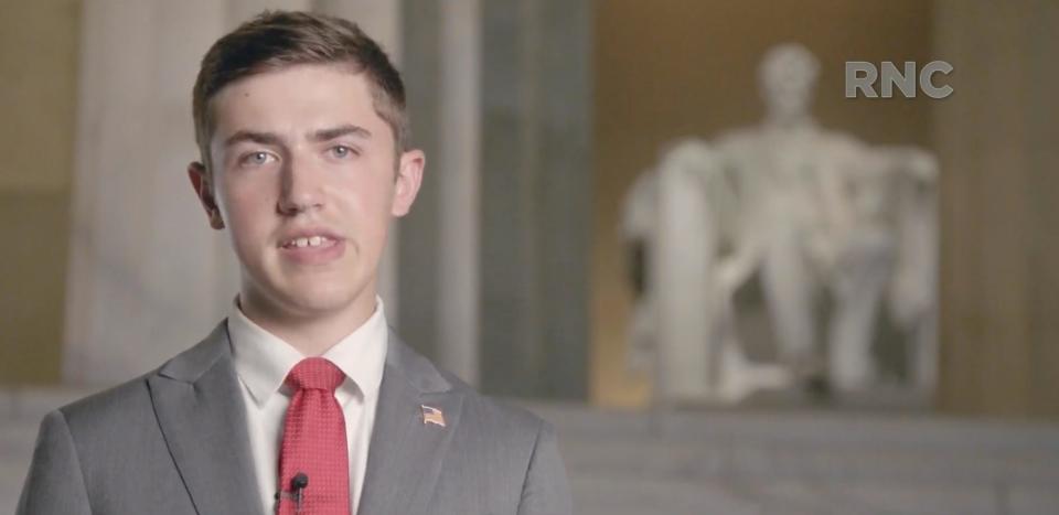 Covington Catholic High School student, Nicholas Sandmann, speaks during the Republican National Convention at the Mellon Auditorium in Washington, D.C., Tuesday, Aug. 25, 2020.