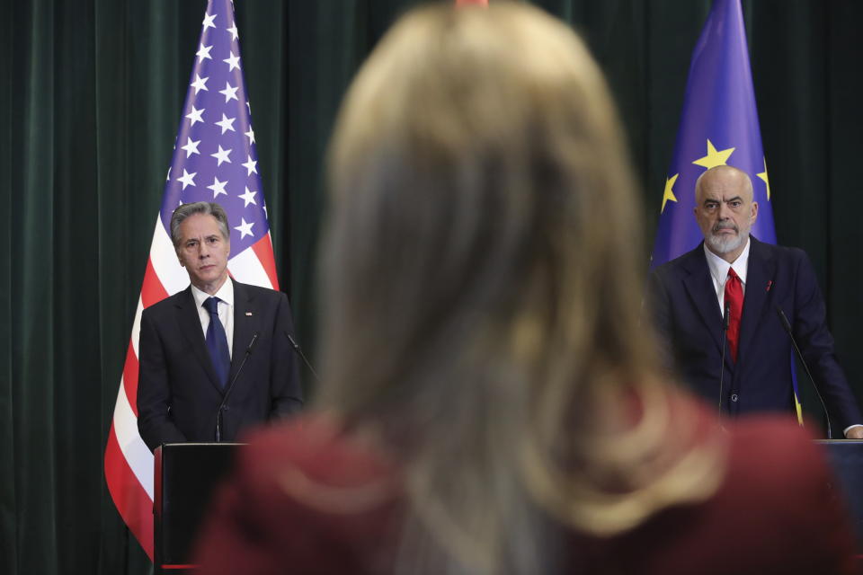 U.S. Secretary of State Antony Blinken, left, and Albania's Prime Minister Edi Rama listen a journalist question from CBS as hold a press conference in Tirana, Albania, Thursday, Feb. 15, 2024. Blinken visits Albania to reaffirm Washington's relations with a key partner in the Western Balkan region and an ally in supporting Ukraine's sovereignty and territorial integrity. (AP Photo/Armando Babani, Pool)