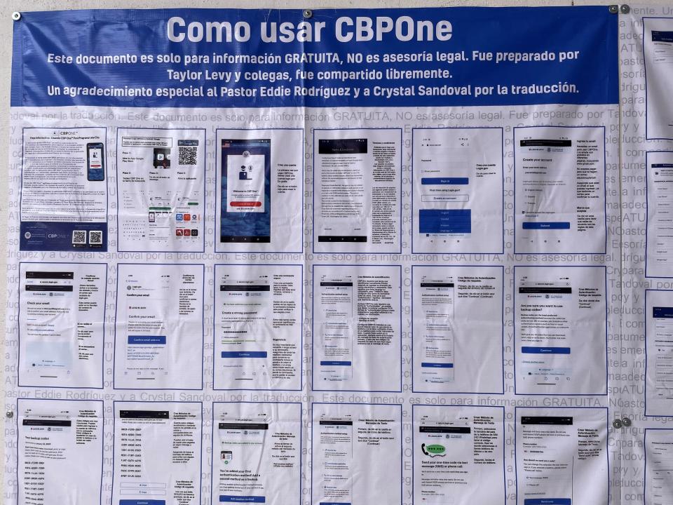 A printed guide on how to use the mobile government application, CBP One, hangs on the wall of the Kino Border Initiative migrant shelter in Nogales, Sonora, on Wednesday, May 3, 2023.
