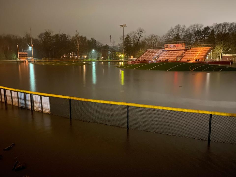 A flooded Ridgewood High School field as seen after an April 7, 2022 storm.