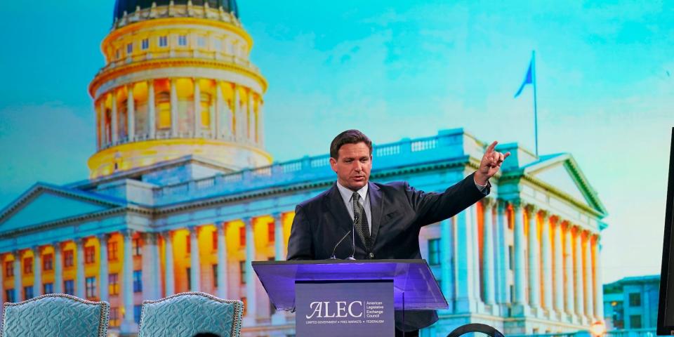 Florida Gov. Ron DeSantis speaks during the American Legislative Exchange Council Wednesday, July 28, 2021, in Salt Lake City.