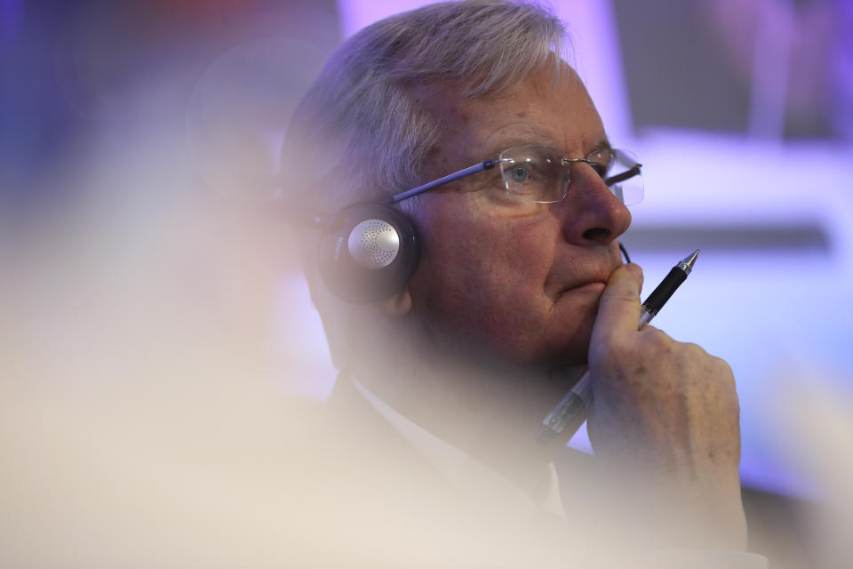 European Union chief Brexit negotiator Michel Barnier listens to a question during a debate on Brexit at the Charlemagne building in Brussels, Wednesday, Jan. 23, 2019. (AP Photo/Francisco Seco)