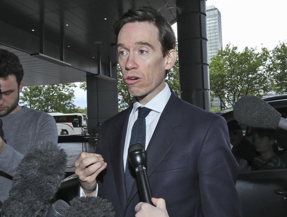 Conservative Party leadership contender Rory Stewart arrives for the Conservative National Convention meeting in central London, Saturday June 15, 2019. Britain's Conservative Party is holding a contest to replace Prime Minister Theresa May, and party legislators will continue to hold elimination votes until the final two contenders will be put to a vote of 160,000 Conservative Party members nationwide, with the winner due to become Conservative Party leader and prime minister late July. (Yui Mok/PA via AP)