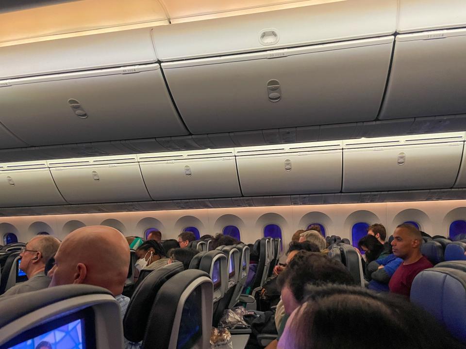 The economy cabin on a United flight from Denver to Tokyo.