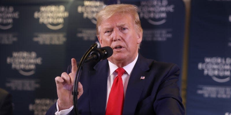 U.S. President Donald Trump gestures as he holds a news conference at the 50th World Economic Forum (WEF) in Davos, Switzerland, January 22, 2020. REUTERS/Jonathan Ernst