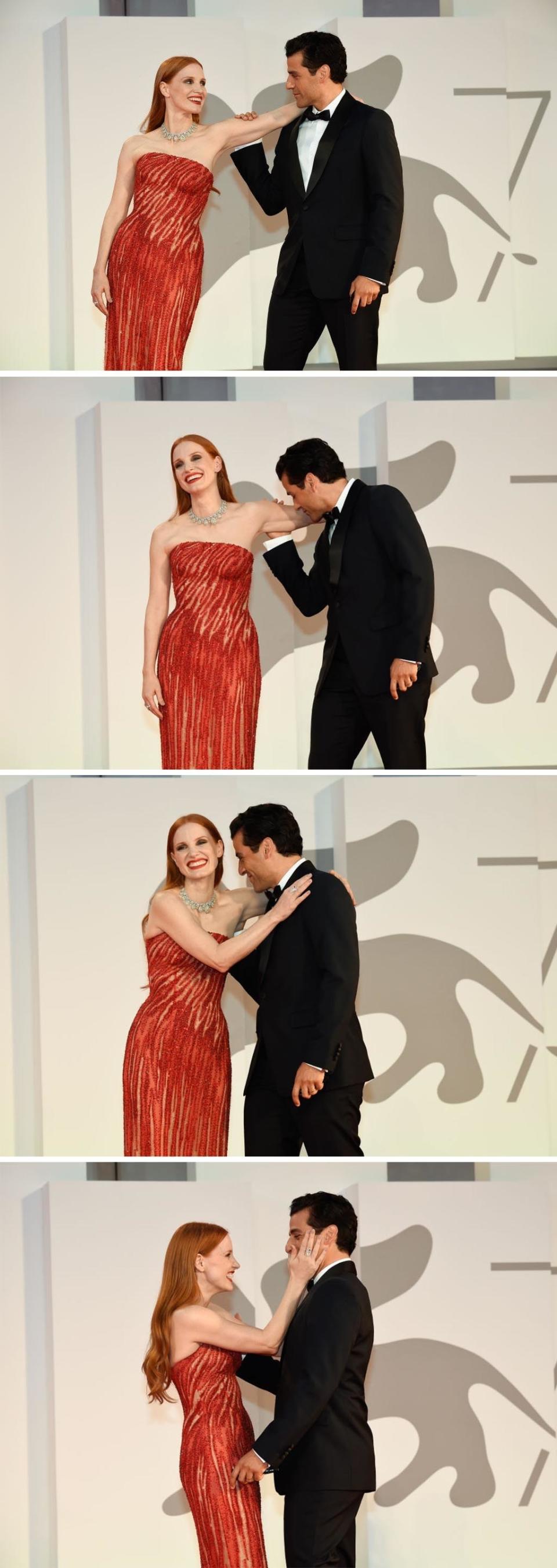 Jessica Chastain and Oscar Isaac goofing around together on the red carpet