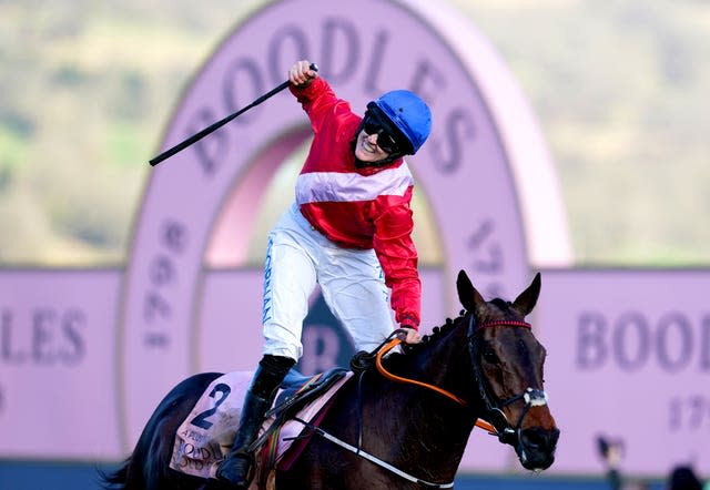 Rachael Blackmore celebrates on A Plus Tard after winning the Cheltenham Gold Cup 