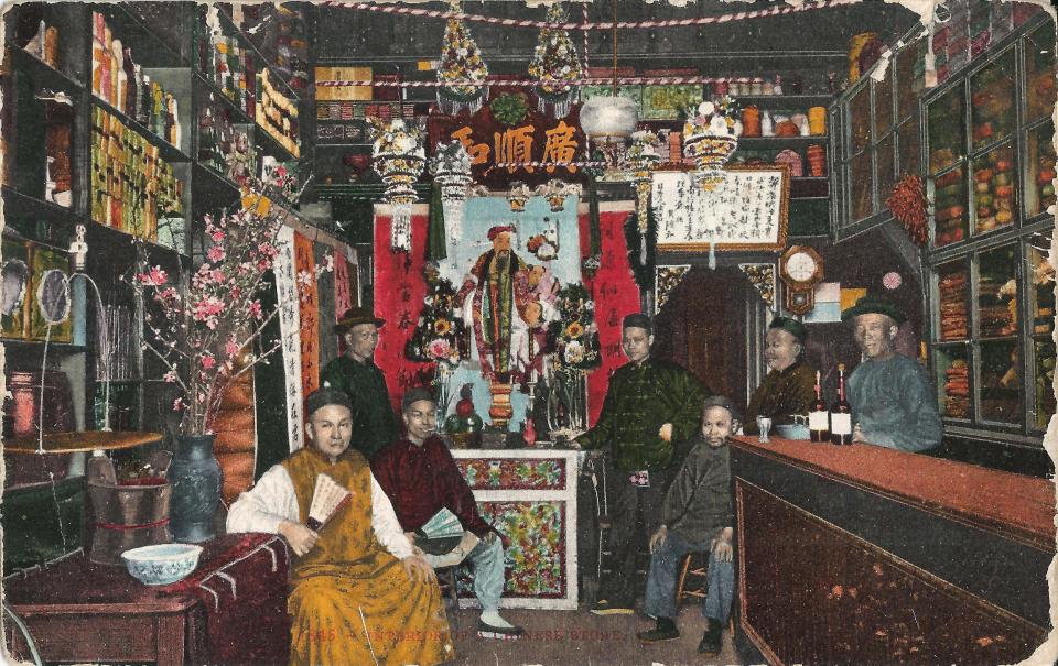 Postcard showing the inside of a Chinese store in SF's Chinatown