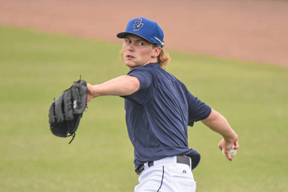 Miami Marlins pitcher prospect Max Meyer during a practice session with the Double A Pensacola Blue Wahoos on Sunday, May 2, 2021, in Pensacola, Florida.