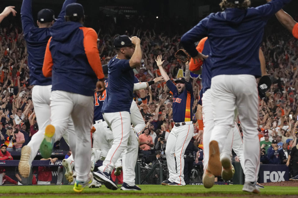 Houston Astros relief pitcher Ryan Pressly celebrates their 4-1 World Series win against the Philadelphia Phillies in Game 6 on Saturday, Nov. 5, 2022, in Houston. (AP Photo/Eric Gay)