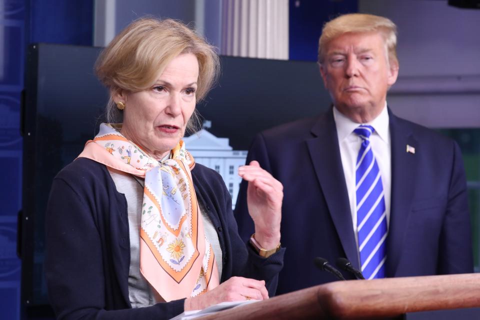 White House coronavirus response coordinator Deborah Birx and US President Donald J Trump are joined by members of the Coronavirus Task Force (EPA)