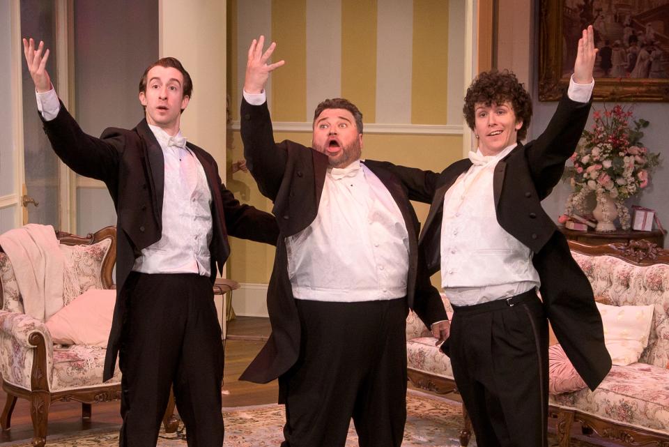 Three tenors prepare for a concert in Ken Ludwig’s “A Comedy of Tenors. From left, Michael Perrie Jr., Aaron Muñoz and Hank von Kolnitz.