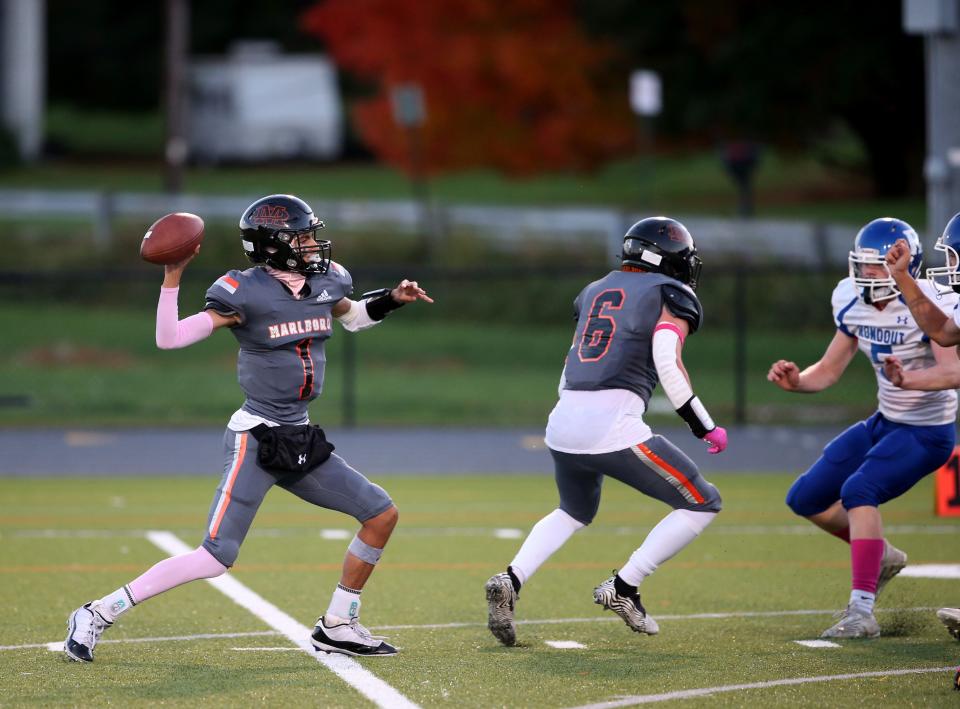 Marlboro's Miles Brooks winds up for a pass during Friday's game versus Rondout Valley on October 14, 2022.