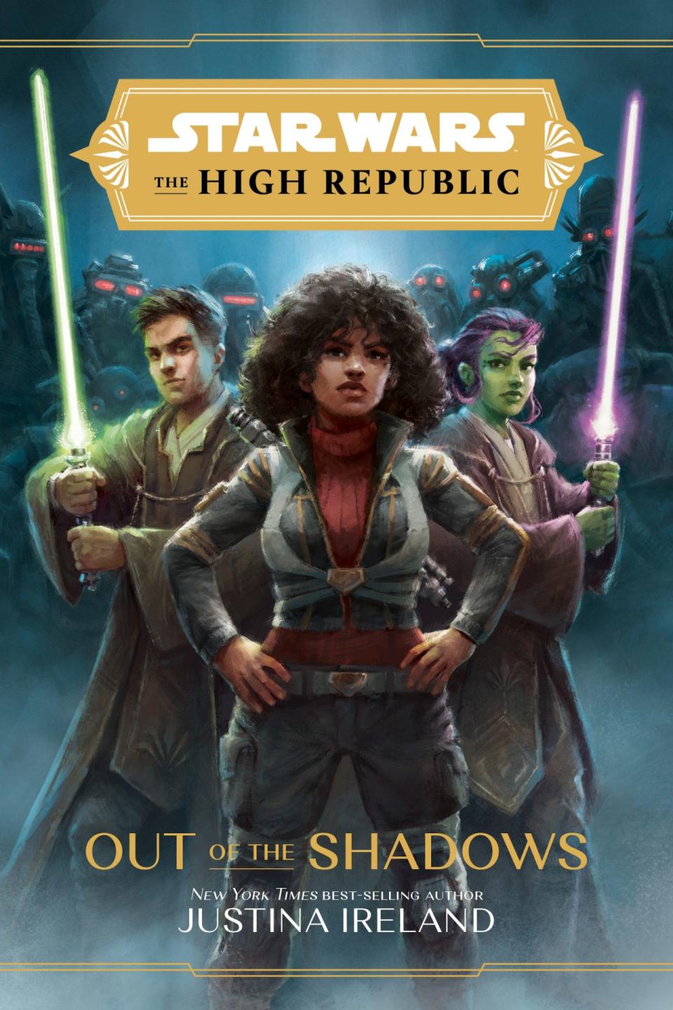 The illustrated cover of Star Wars: The High Republic Out of the Shadows depicting a human and alien holding lightsabers on either side of a young Black woman