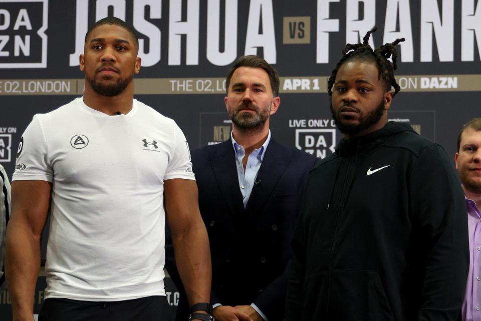 Team: Trainer Derrick James, Anthony Joshua and promoter Eddie Hearn (Getty Images)