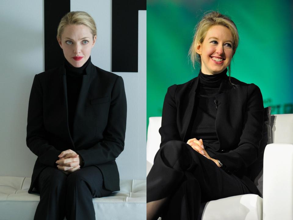 Amanda Seyfried as Elizabeth Holmes in "The Dropout" on Hulu (left); Elizabeth Holmes (right)