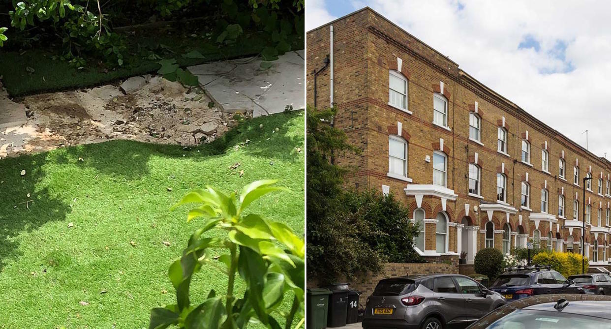 The stowaway's body fell from the plane and caused a crater in a London back garden (Pictures: SWNS)