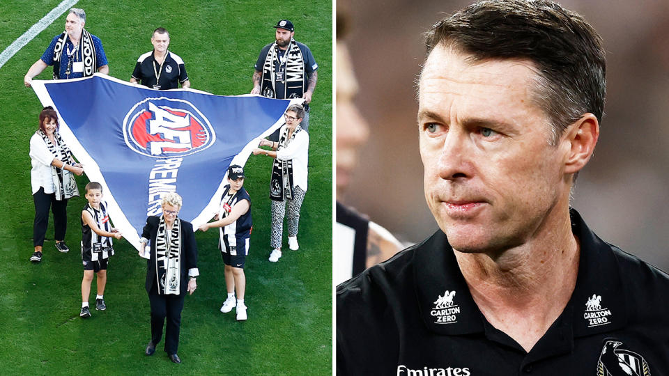 Collingwood, pictured here unfurling their 16th AFL flag before being smashed by the Sydney Swans.