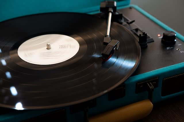 blue and black record player