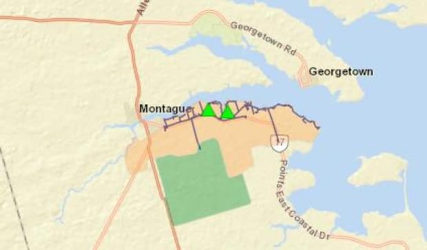 This map from the Maritime Electric site shows the area that was affected by the power outage in Montague on Wednesday morning.  (Maritime Electric - image credit)