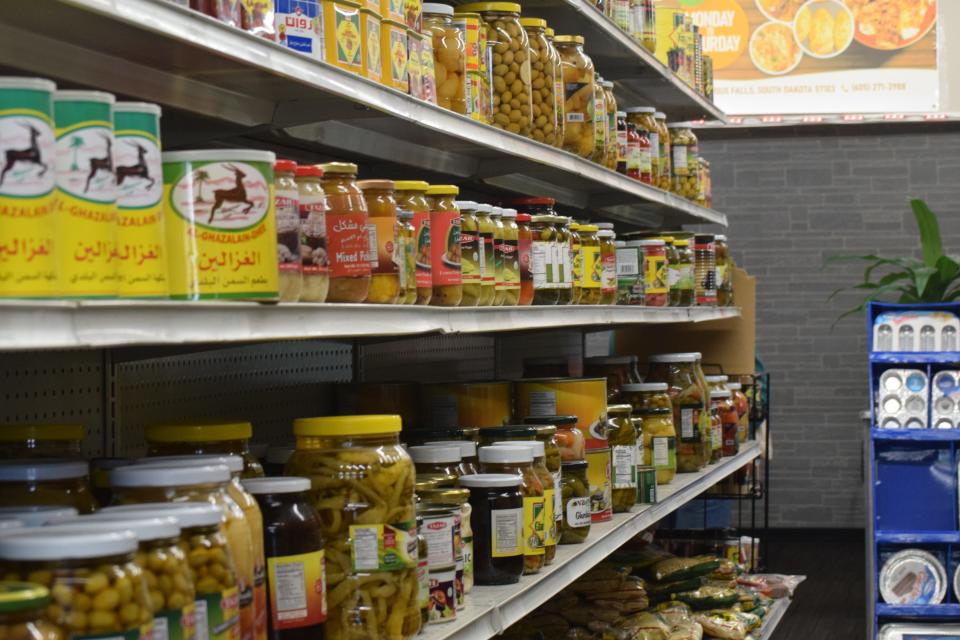 Products lined at Neighborhood Market during an Augustana University Halal market shopping trip Saturday, March 9, 2024, in Sioux Falls, South Dakota.