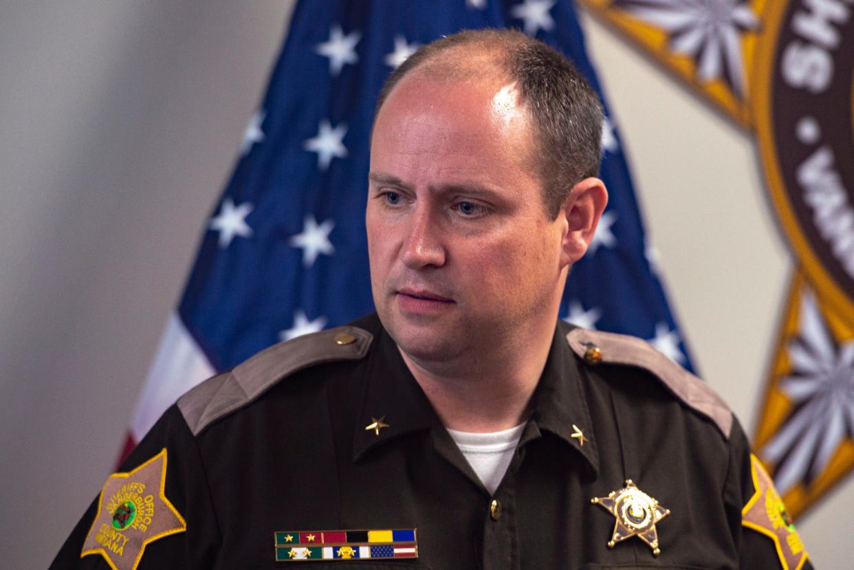 Vanderburgh County Sheriff Noah Robinson speaks to reporters about the fatal shootout between police and a man whose warrant was out for his arrest while at the Vanderburgh County Sheriff Training Room in Evansville, Ind., Thursday afternoon, April 13, 2023.