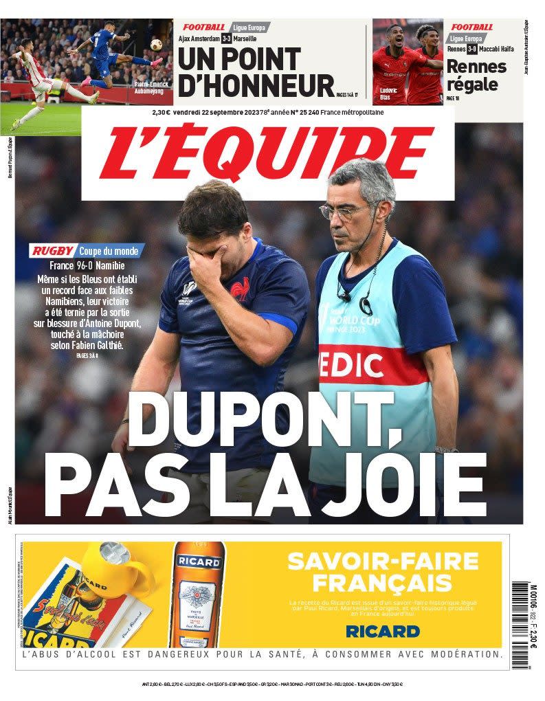The front page of L'Equipe following Antoine Dupont's injury - France suffer huge blow as Antoine Dupont could miss remainder of World Cup with facial fracture
