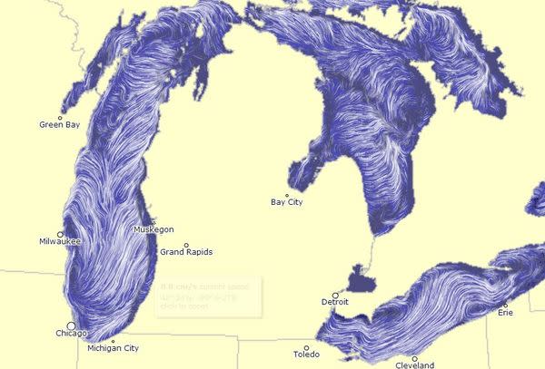 Another view of the currents on the surface of Lake Michigan and other nearby lakes, taken from the website on Oct. 3, 2012.