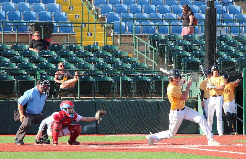 Mitchell's Jonah Schmidt watches his RBI triple down the right field line in the first inning of the state championship game on Saturday at the Birdcage.