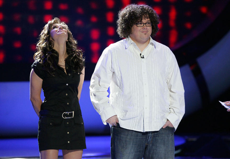 Haley Scarnato (L) shows a sigh of relief after Chris Sligh (R) is eliminated on the 6th season of American Idol.