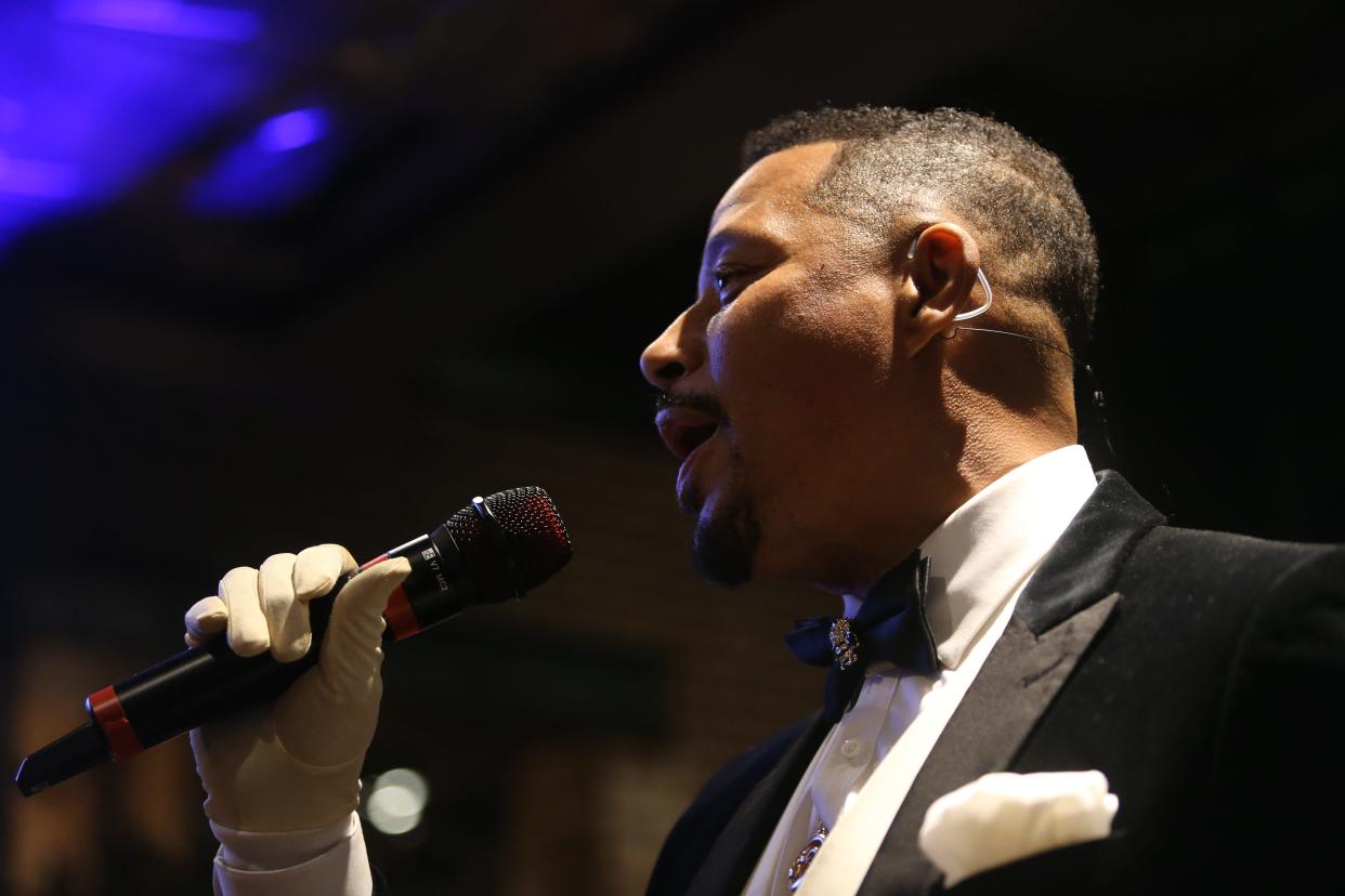 Actor Terrence Howard sings during events for the theatrical premiere of his film "Showdown at the Grand" at Malco Powerhouse cinema on Wednesday, Nov. 8, 2023, in Downtown Memphis.