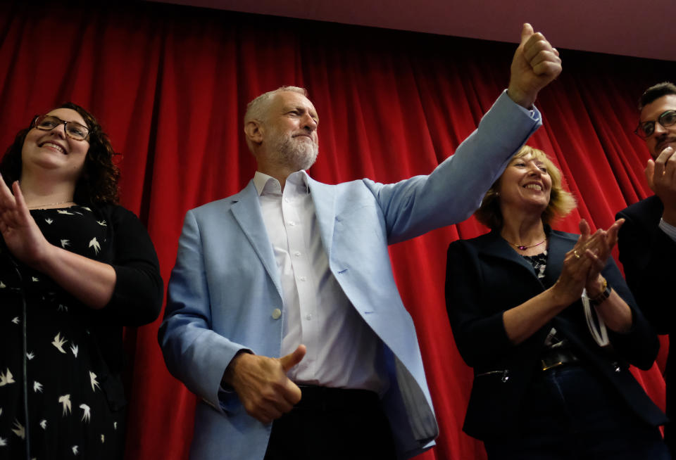 GLASGOW, SCOTLAND - AUGUST 31: Labour leader Jeremy Corbyn attends a campaign day at the Alive and Kicking Project building in Glasgow to speak about opposition against Boris Johnson and the UK government proroguing Parliament on August 31, 2019 in Glasgow, United Kingdom. Demonstrations and protests have already taken place and are planned across the country against Boris Johnson and a no-deal Brexit after the Prime Minister announced he would seek an extended suspension of Parliament ahead of a Queen’s speech on October 14. (Photo by Ian Forsyth/Getty Images)