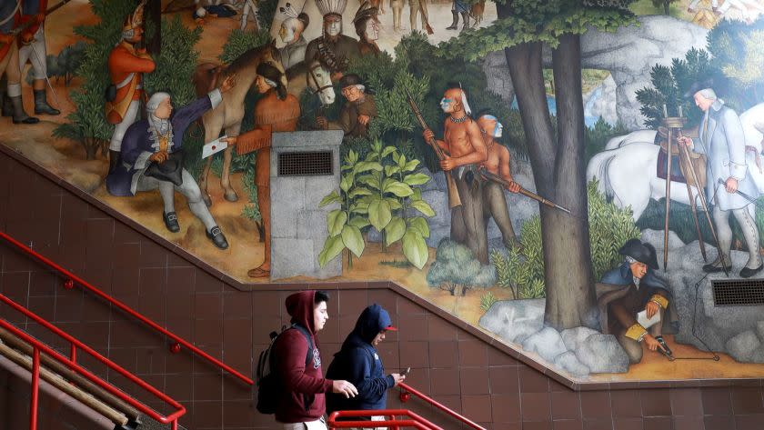 San Francisco school officials are expected to decide whether to destroy or keep the historic mural at George Washington High School, photographed in San Francisco, Calif., on Wednesday, April 3, 2019. The historic mural depicts the treatment of American Indians and African Americans. (Yalonda M. James/San Francisco Chronicle)